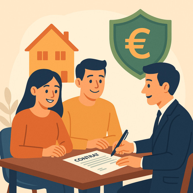 Couple signant un contrat d'assurance emprunteur chez le banquier