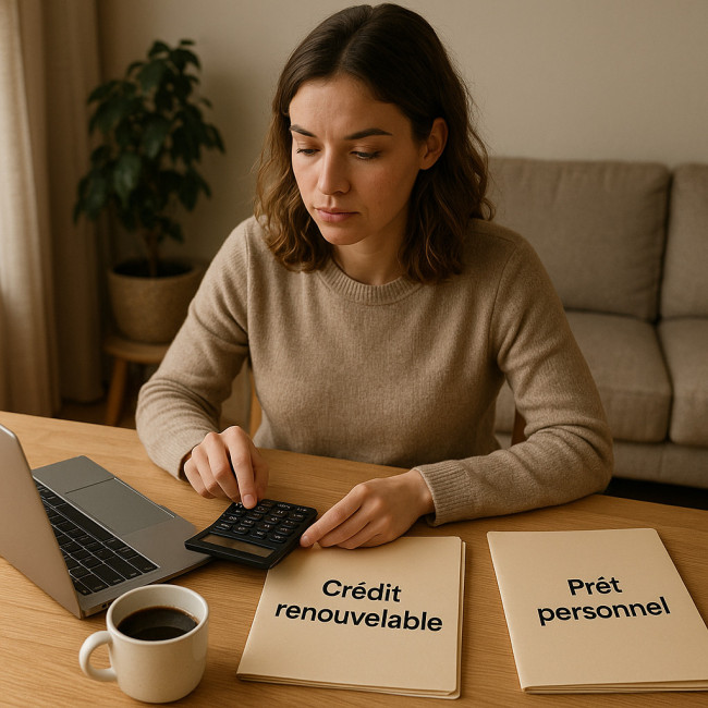 Femme réfléchissant entre crédit renouvelable et prêt personnel