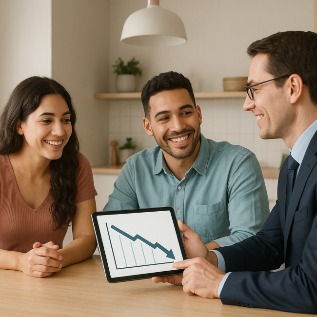 Couple consultant un courtier immobilier qui présente un taux avantageux