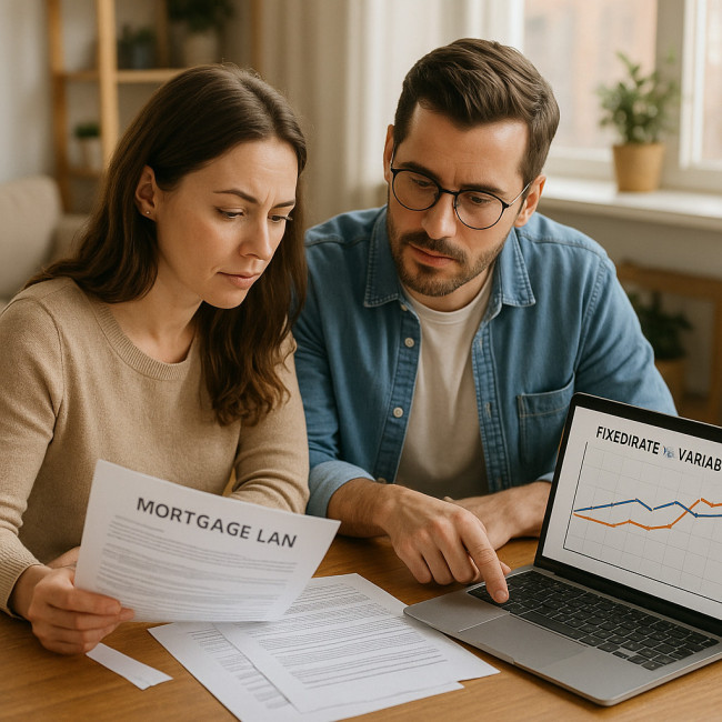 Couple analysant taux fixe et taux variable à l'écran